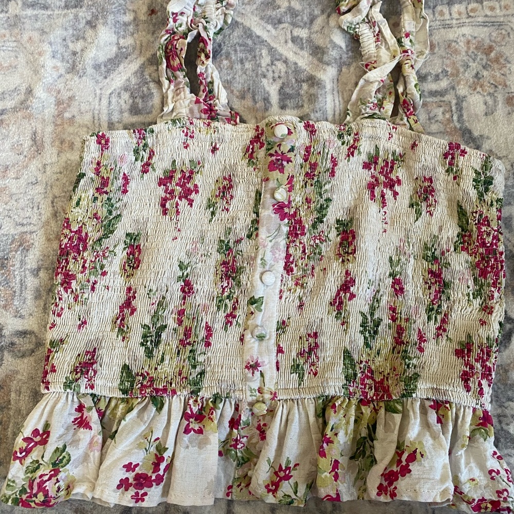 Lulu's Cream Floral Smocked Ruffle Crop Top with Pink and Green Accents